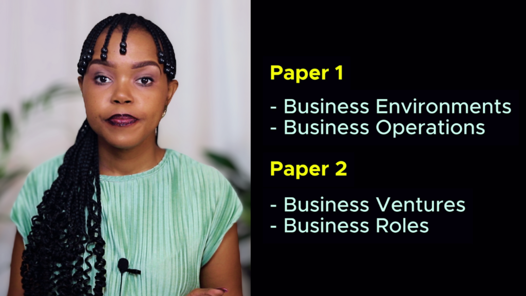 Female South African teacher with braided hair presents a slide for business studies with main topics for Grade 10 to 12 exams. 'Paper 1' lists 'Business Environments' and 'Business Operations'; 'Paper 2' includes 'Business Ventures' and 'Business Roles'. For exam and study tips on how to pass business studies. CAPS curriculum, NSC exams.