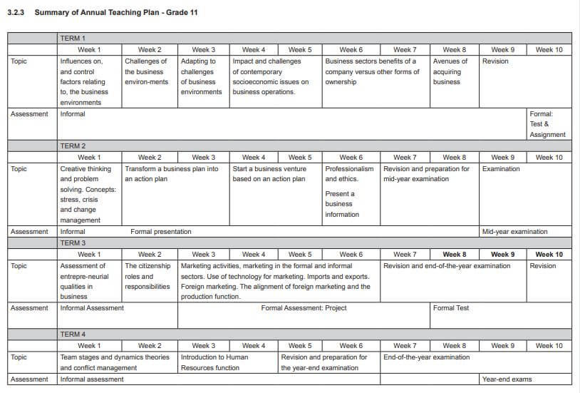 Screenshot of Business Studies Grade 11 Annual Teaching Plan, year plan