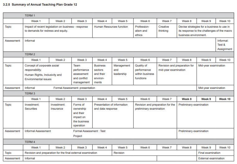 Screenshot of Business Studies Grade 12 Annual Teaching Plan CAPS