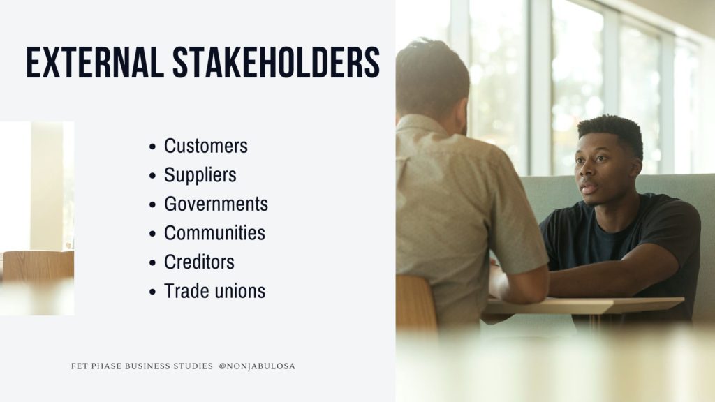 Image with list of external examples of stakeholders. article with various types of stakeholders. nonjabulo, fet phase business studies teacher.