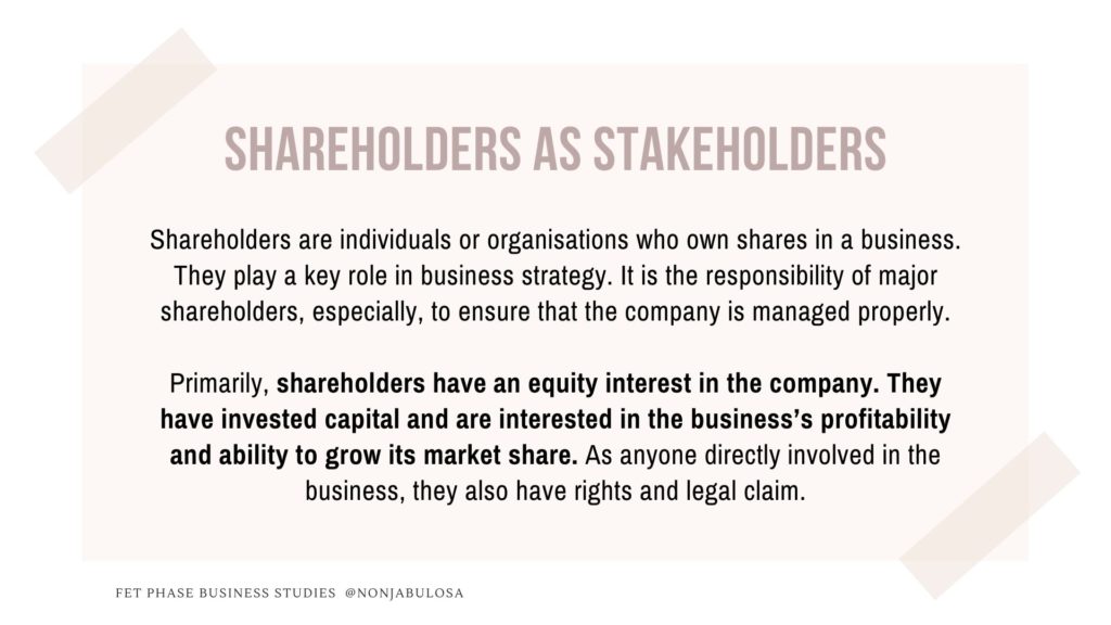Shareholders as internal stakeholders. Different types of stakeholders.