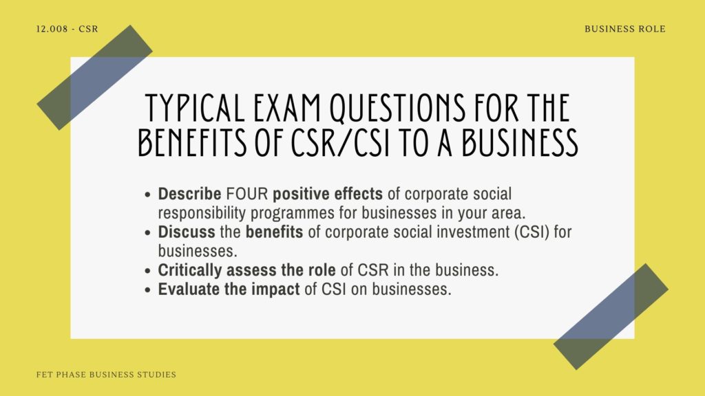 Exam answers for the benefits of CSR to the business.