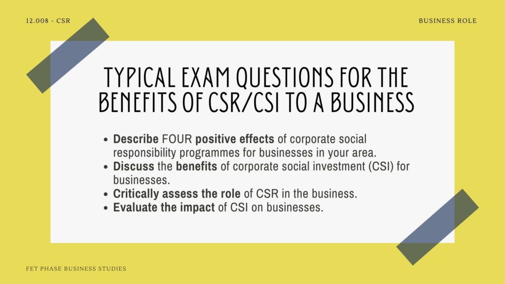 Exam answers for the benefits of CSR to the business.