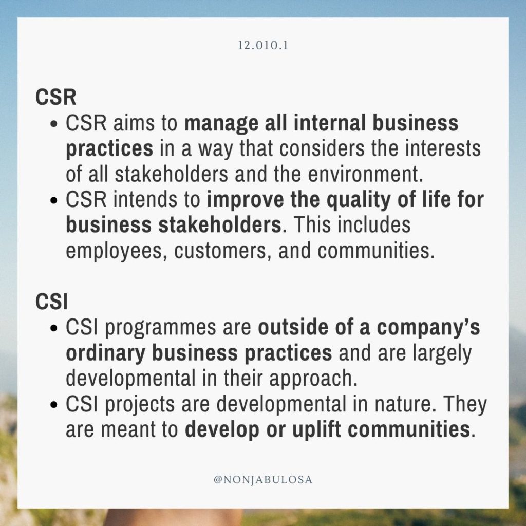 Image with definition of csr corporate social responsibility and csi corporate social investment, south African matric exams