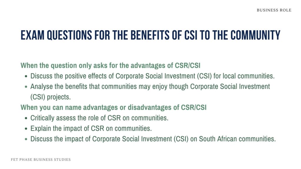 Image with exam questions for the advantages of csr to the community