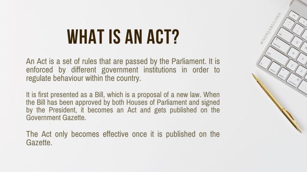 South African business legislation. NSC Business Studies. Definition of Act of Parliament, law