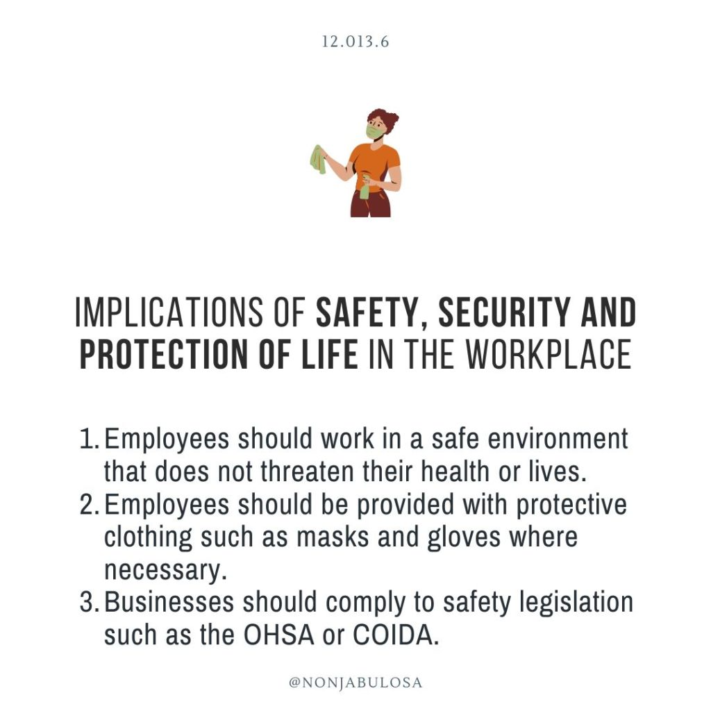 Business Studies Answer - the implications of safety, security and protection of life in the workplace - South African Human Rights and their Implication in the Workplace