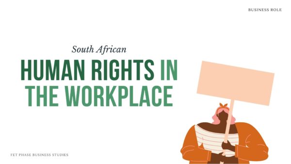 Header image with Human Rights and their implication in the workplace, South African Business Studies, with illustration of black woman protesting