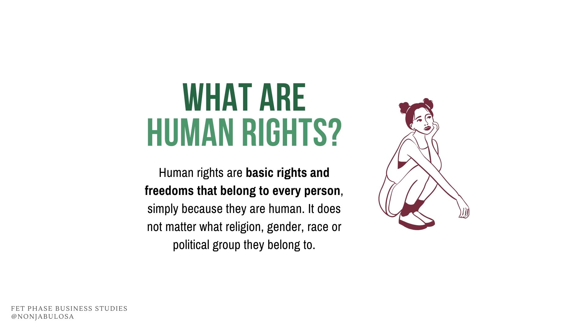 Image with definition of Human Rights on white background with simple text and illustration of a girl thinking, useful for human rights essay