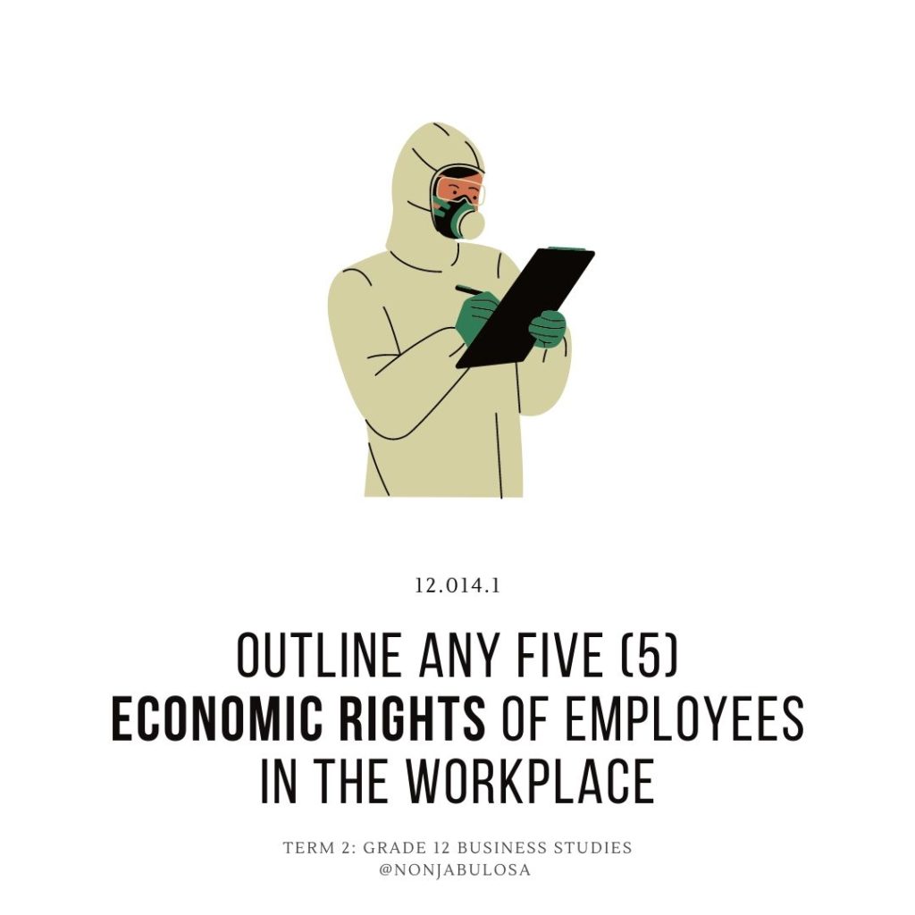Test yourself quiz card – Grade 12 Business Studies examination practice. List five 5 examples of south African Economic Rights that apply to employees in the workplace
