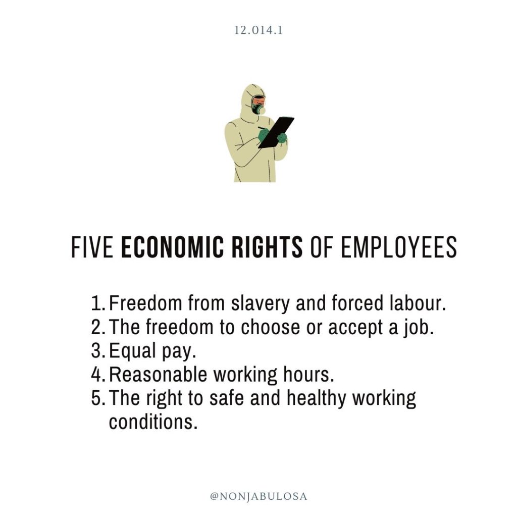 Test yourself quiz card – Grade 12 Business Studies examination practice. List of five 5 examples of south African Economic Rights that apply to employees in the workplace