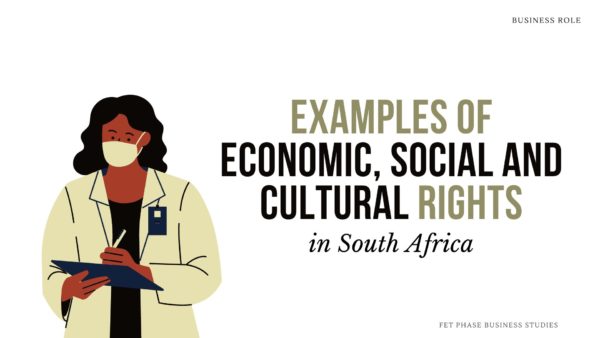 Header image for Economic, Social and Cultural Rights, South African Examples. Bold text with image of doctor wearing facemask, corona-virus illustration. Second-generation rights.