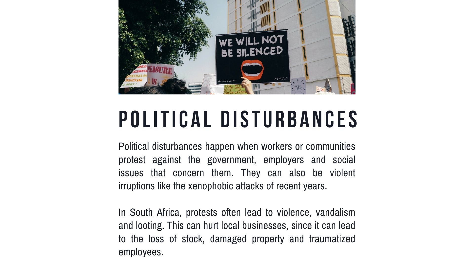 List of South African Contemporary Socio-Economic Issues - Definition and explanation of political disturbances