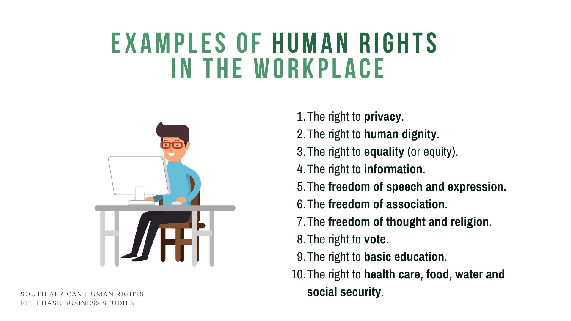 Information poster with examples of South African human rights in the workplace, exam preparation, term 2, grade 12