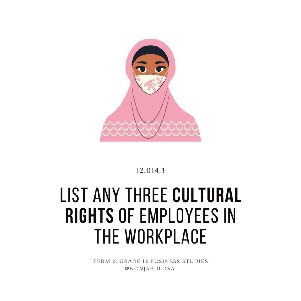 Test yourself quiz card question for exam prep– Grade 12 Business Studies examination practice. List any THREE cultural rights of employees in the workplace