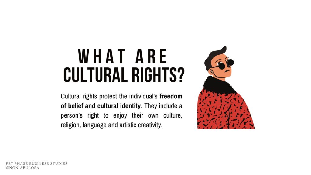 Image with definition of cultural rights. Simple bold font with illustration of man wearing shades. Business Studies Grade 12 Term 2 Notes on Human Rights.