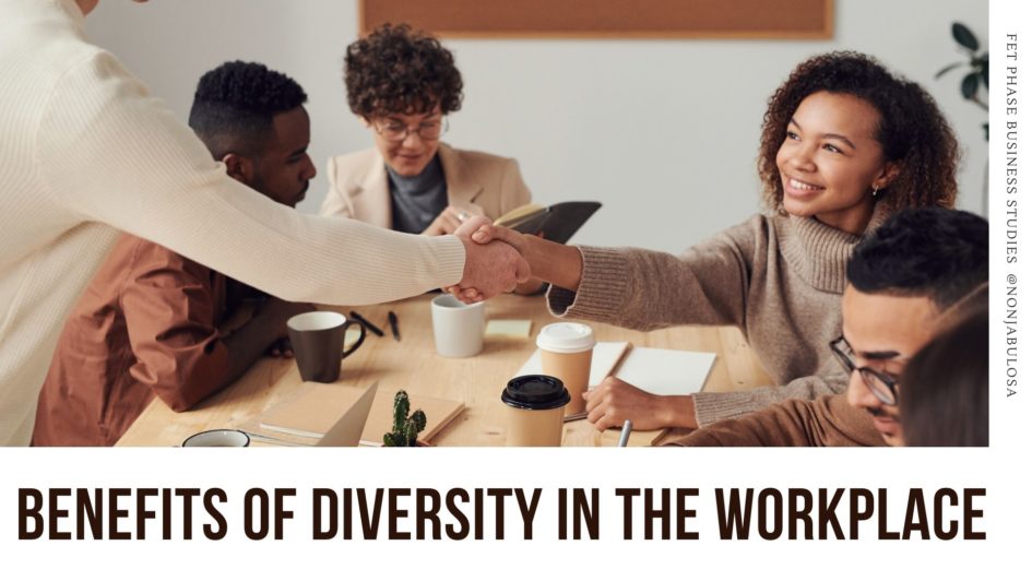 Header image for What Are the Benefits of Diversity in the Workplace? Photo of a happy, diverse, inclusive, young workforce. Business Studies Grade 12 Term 2 Notes on Inclusivity