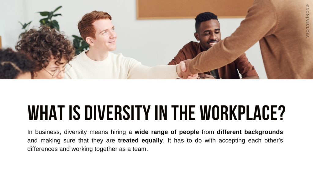 Image with definition of workplace diversity. What is diversity in the workplace? Photo of a happy, diverse, inclusive, young workforce. Business Studies Grade 12 Notes on Inclusivity