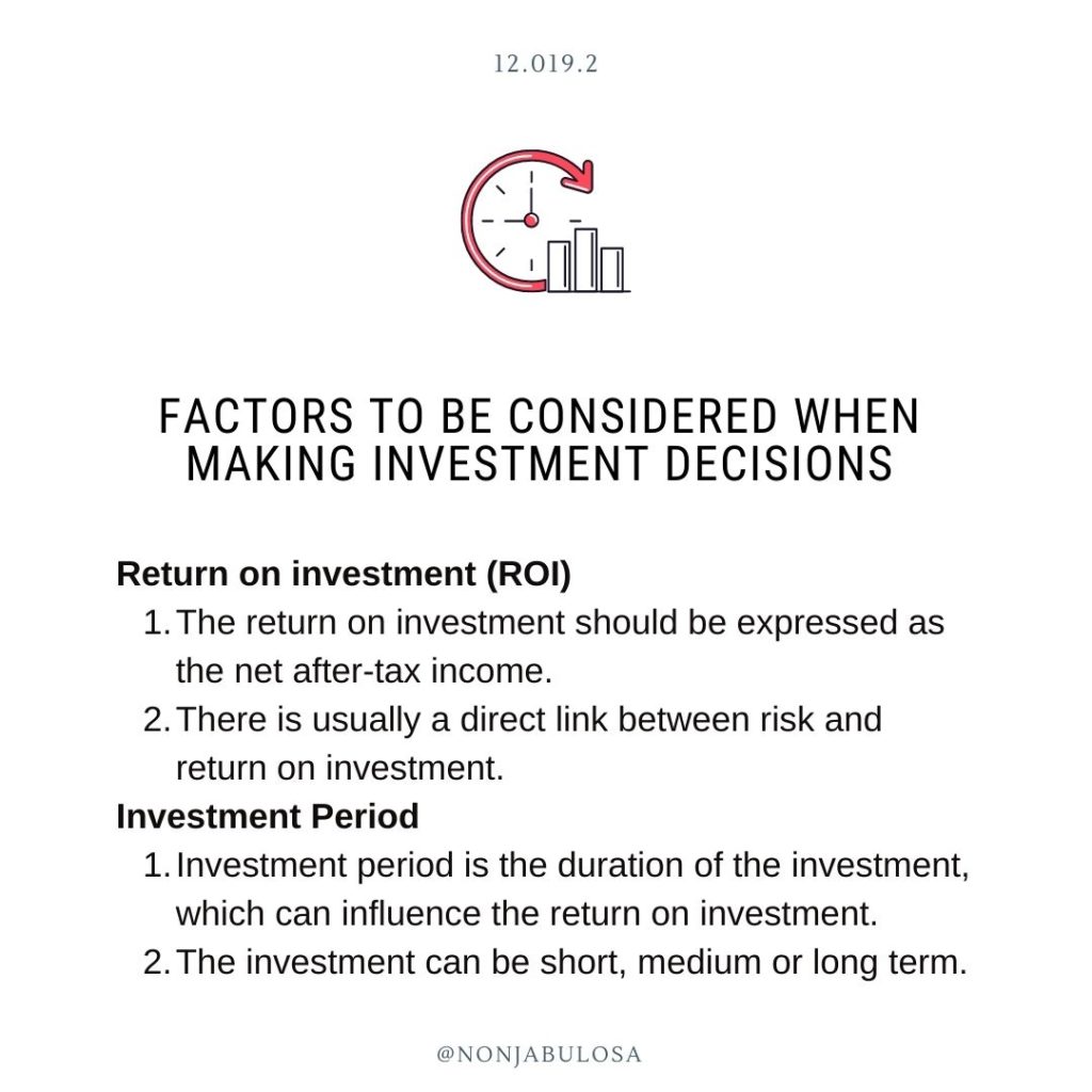Test Yourself Exam Question – Grade 12 Business Studies exam preparation. Explain the following factors that must be considered when making investment decisions: Return on Investment, Investment Period