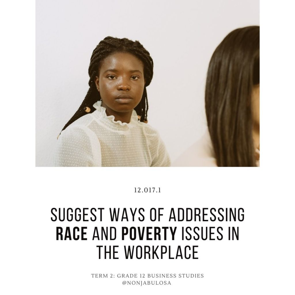 Test yourself quiz card – Grade 12 Business Studies examination practice. Suggest ways of addressing race and poverty issues in the workplace. Diversity Issues