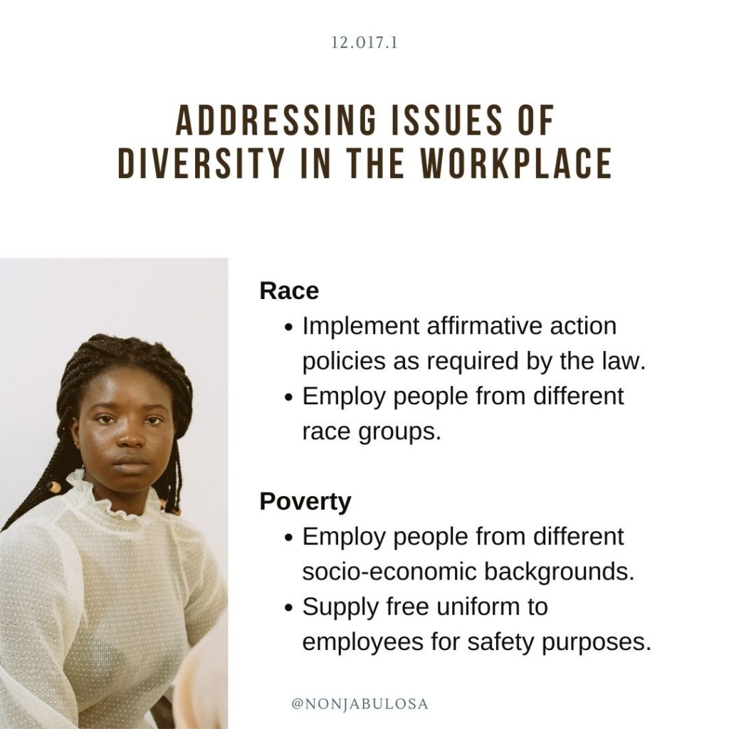 Test yourself quiz card – Grade 12 Business Studies examination practice. Suggest ways of addressing race and poverty issues in the workplace. Inclusivity and Human Rights