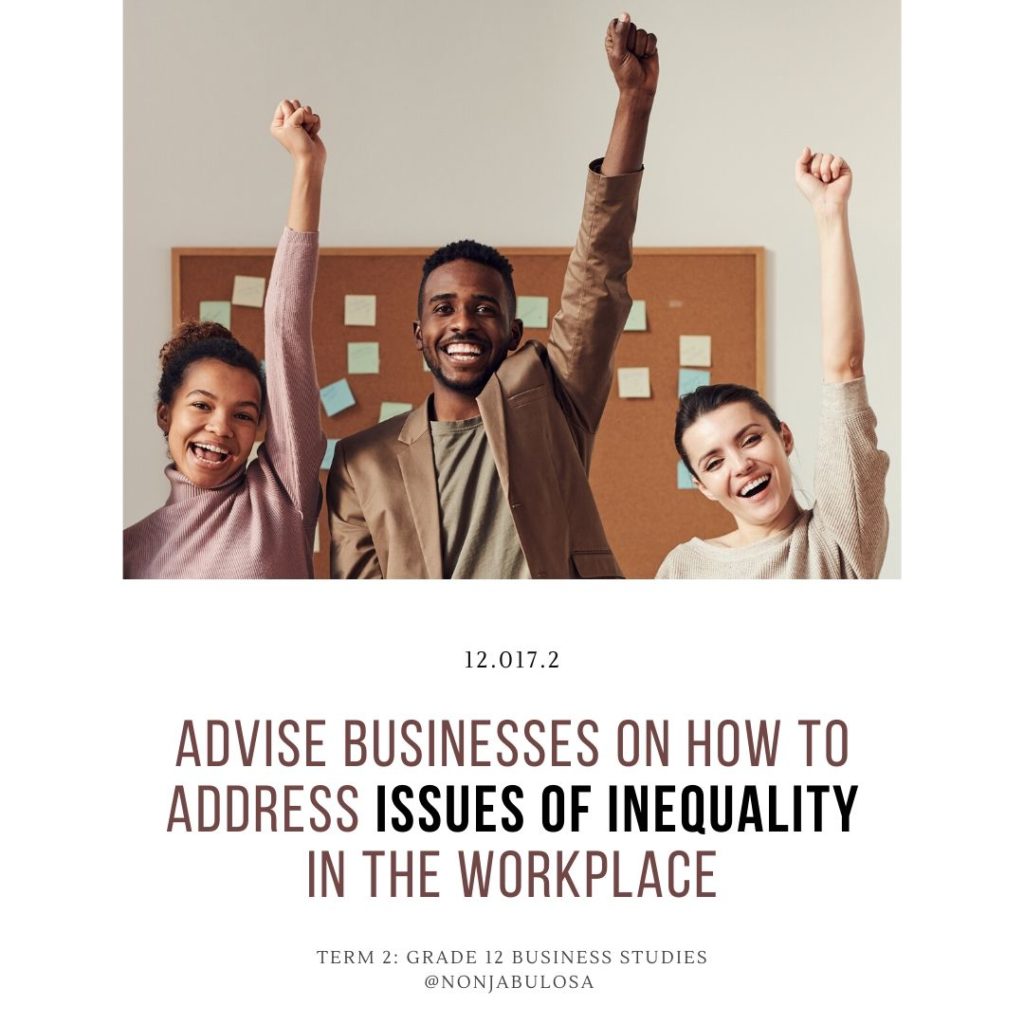 Test yourself quiz card – Grade 12 Business Studies examination practice. Advise businesses on how to address issues of inequality in the workplace. Diversity Issues