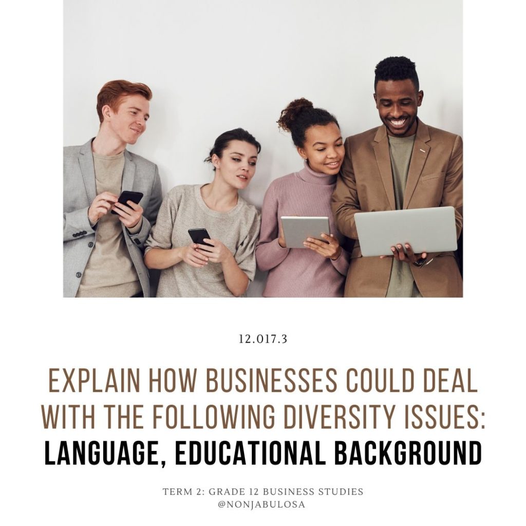 Test yourself quiz card – Grade 12 Business Studies examination practice. Explain how businesses could deal with the following diversity issues: language, educational background. Diversity Issues