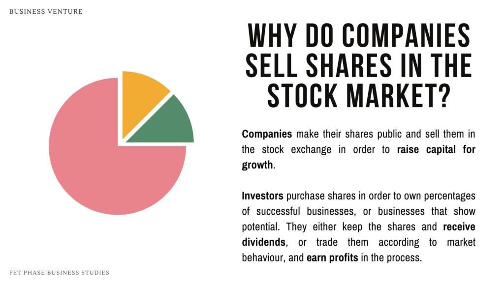 Image with explanation of why businesses sell their securities. Why do companies sell shares in the stock market? Business Studies Grade 12 Term 3, Investment Securities. JSE