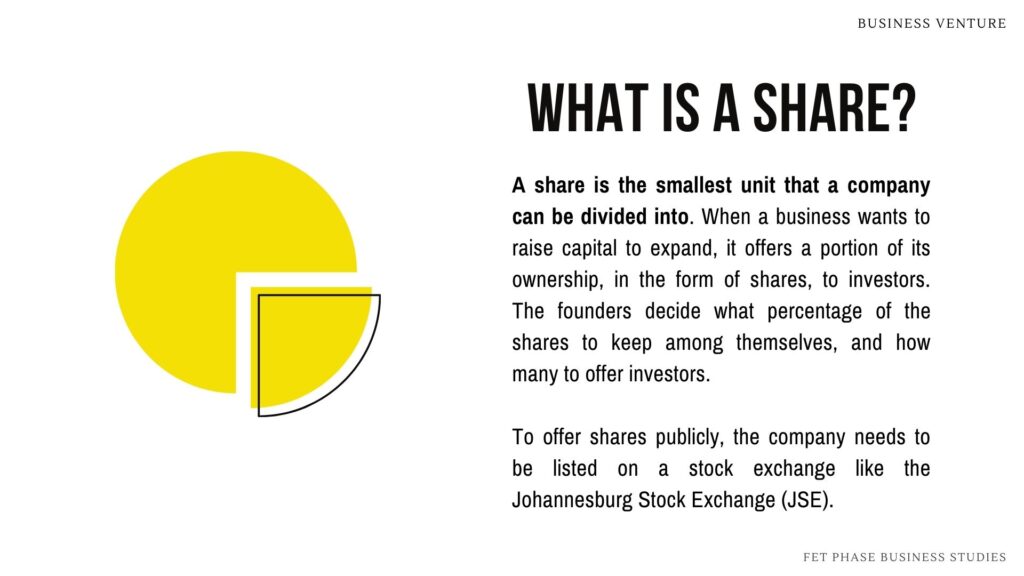 Image with definition of what shares are in a company. What is a share? Risks and advantages of investing in shares. Business Studies Grade 12 Exam Preparation