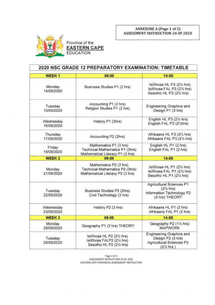 Page 1 2020 Draft Time Table for Grade 12 Preparatory Examinations - South African Schools 2020