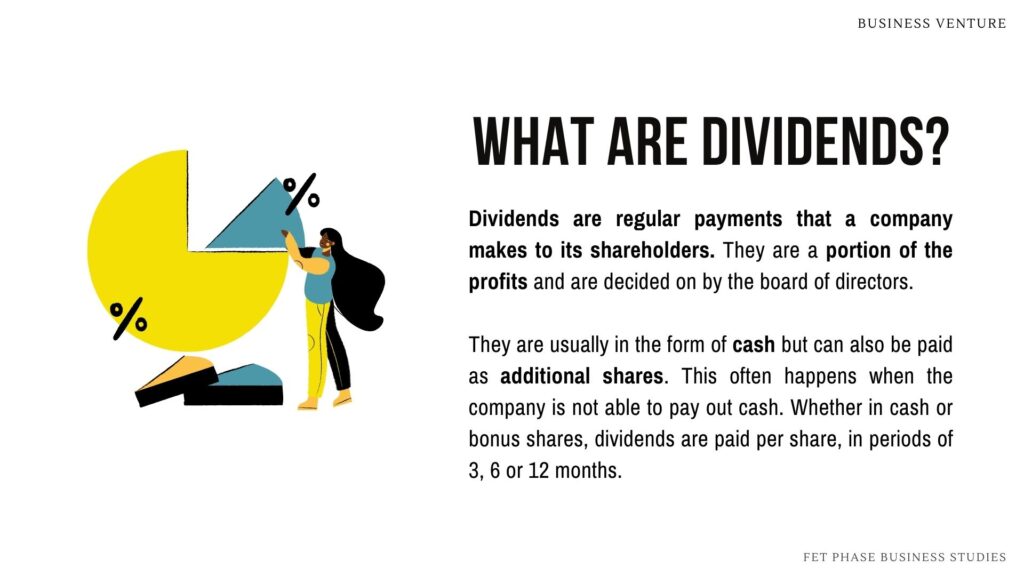Image with explanation of dividends and how they work. What are dividends? Risks and advantages of investing in shares. Business Studies Grade 12 Exam Preparation