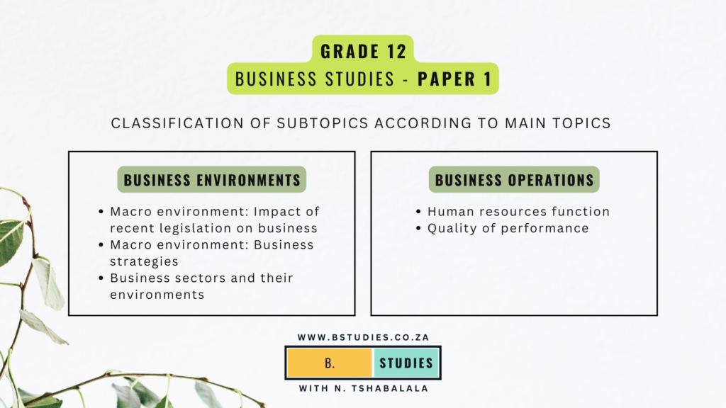 Grade 12 Paper 1 - Business Studies classification of subtopics according to main topics, scope, examination guidelines DBE, CAPS curriculum, NSC