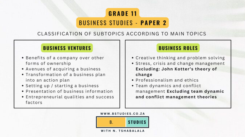 Grade 11 Paper 2 - Business Studies classification of subtopics according to main topics, scope, examination guidelines DBE, CAPS curriculum, NSC