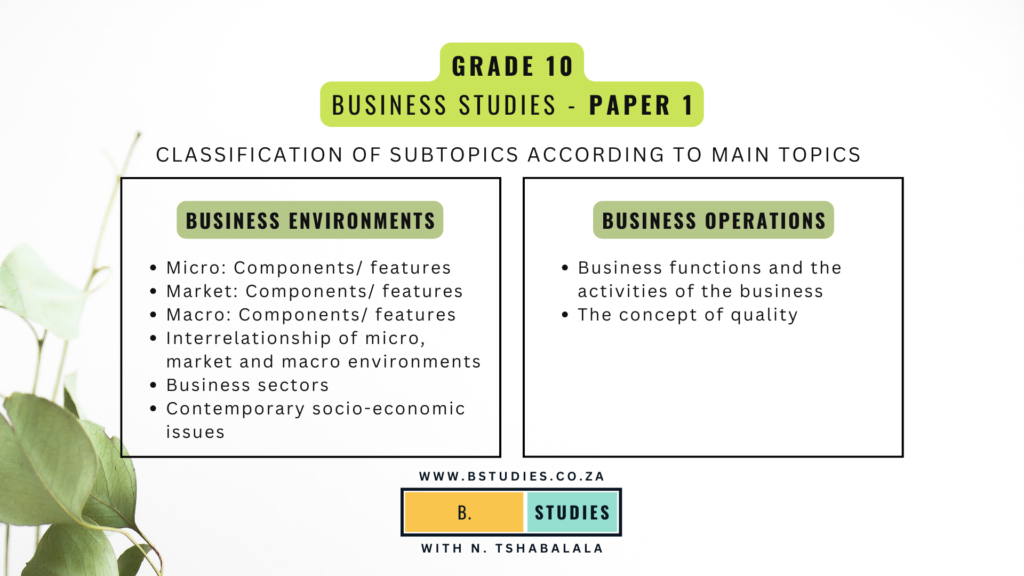 Grade 10 Paper 1 - Business Studies classification of subtopics according to main topics, scope, examination guidelines DBE, CAPS curriculum, NSC